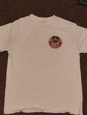Obey White Short-Sleeve Tee with Round Red & Gold Chest Emblem